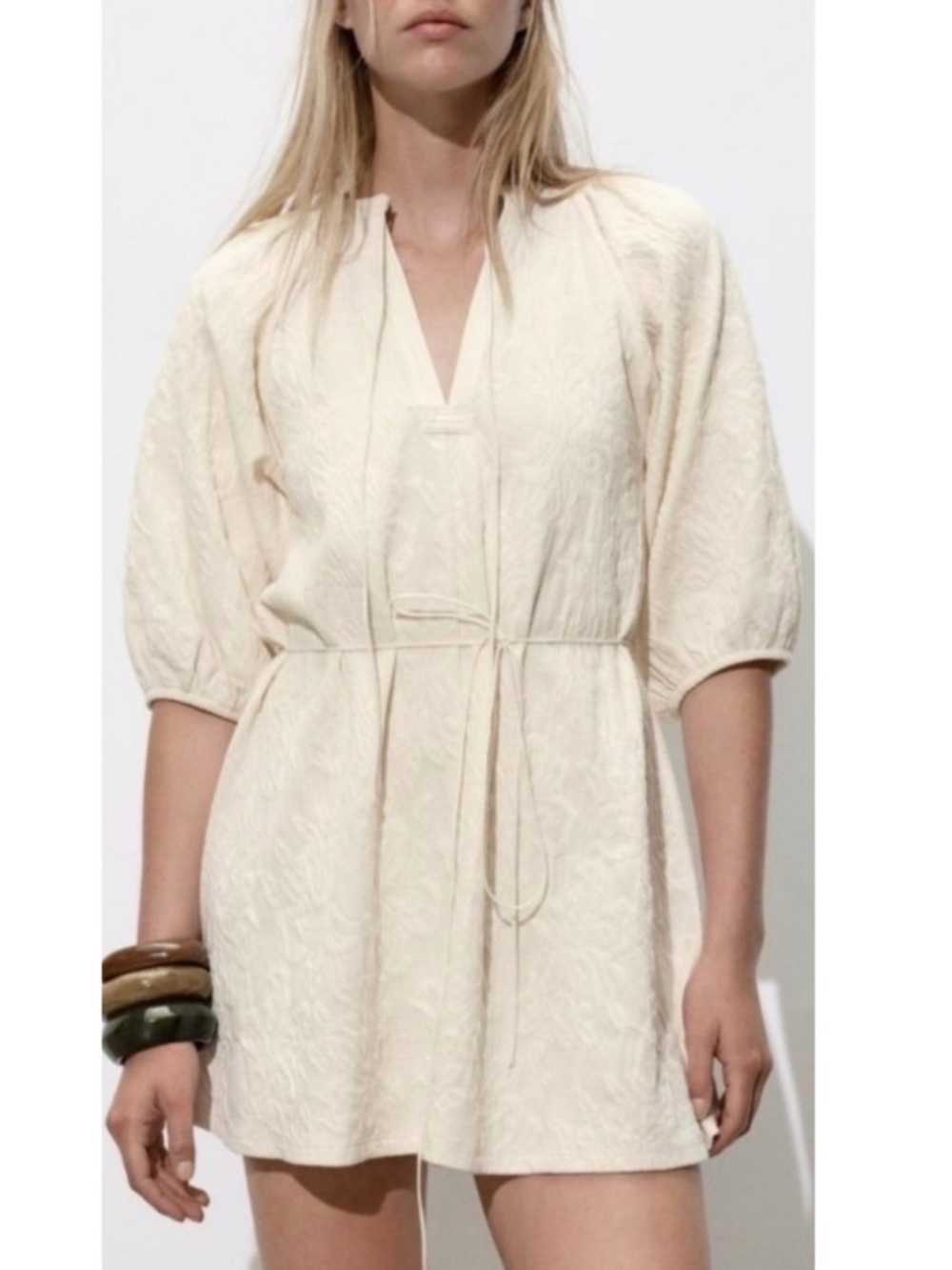 Zara Cream Textured Jacquard Mini Dress Tie Waist Balloon Sleeve Women’s Large